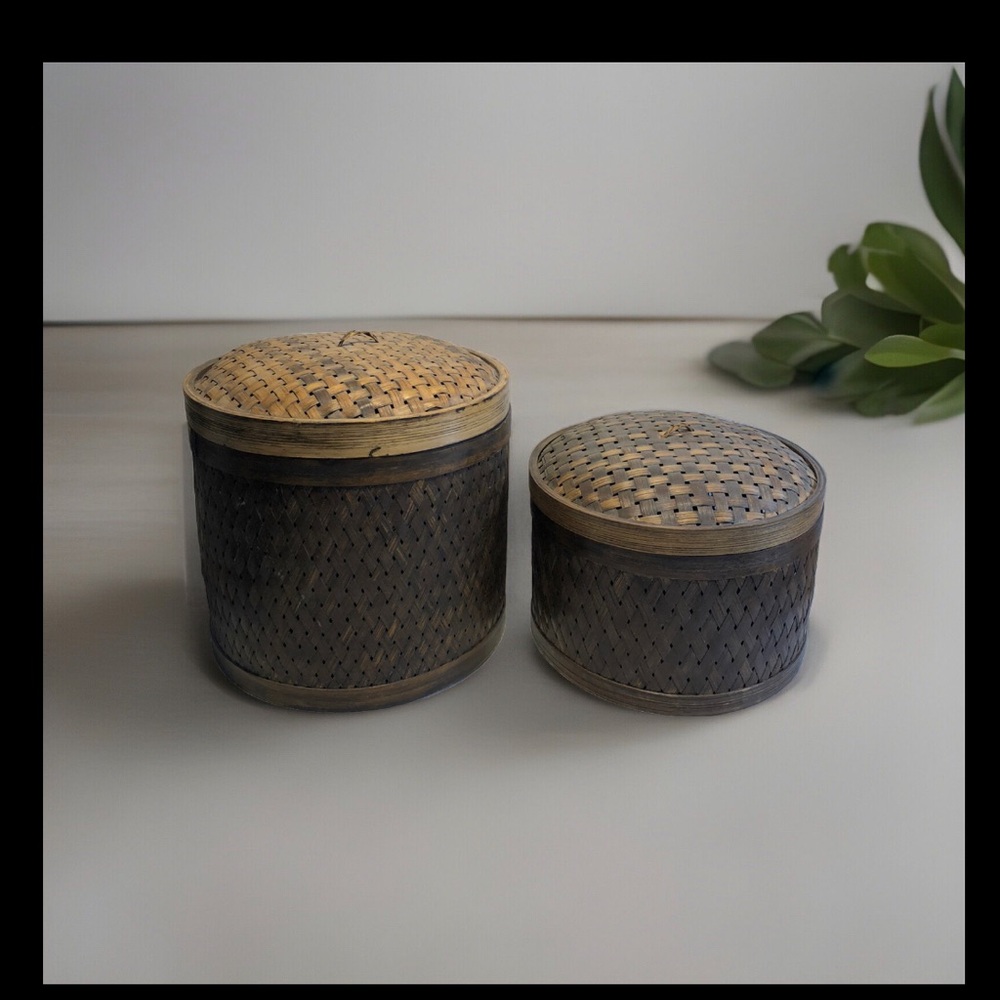 2 Vintage Woven Canisters Containers With Lids
